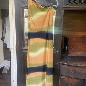 Green and Black Maxi Vacation Dress One Shoulder stretchy